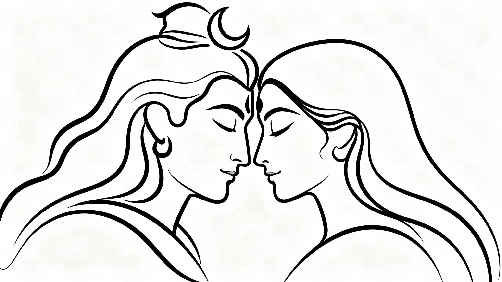 A minimalist black and white line art illustration showing the profiles of Shiva and Parvati gently touching foreheads in a loving embrace.