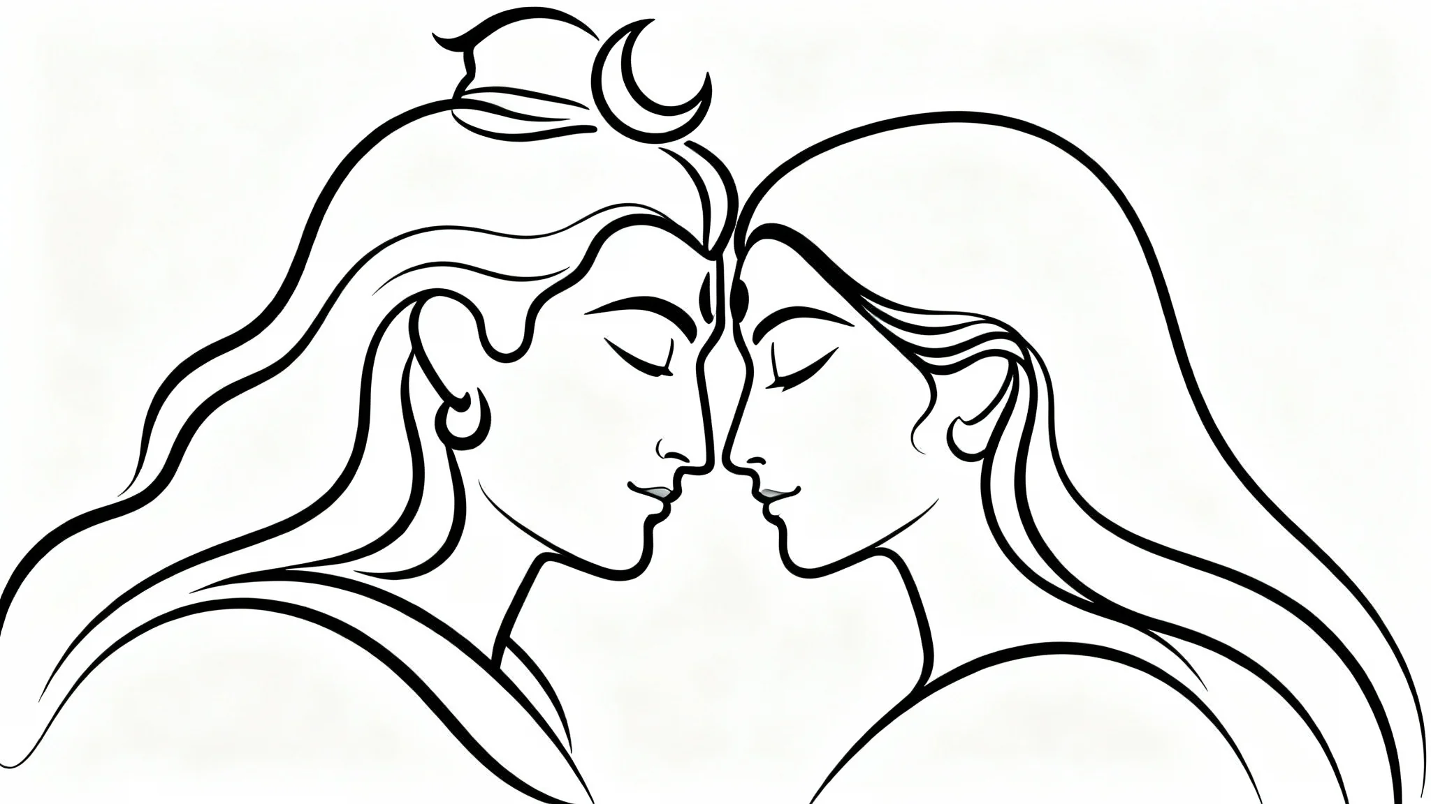 A minimalist black and white line art illustration showing the profiles of Shiva and Parvati gently touching foreheads in a loving embrace.