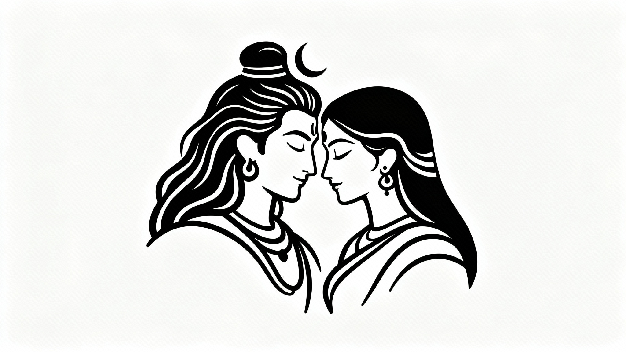 A modern, minimalist black line art drawing of Shiva and Parvati in a tender pose, set against a clean white background.