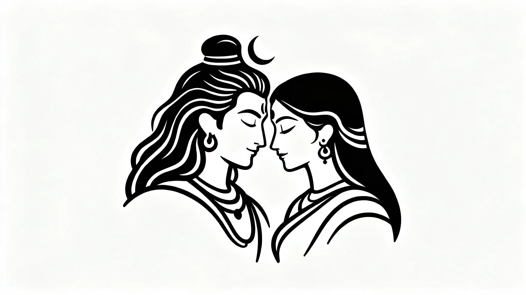 A modern, minimalist black line art drawing of Shiva and Parvati in a tender pose, set against a clean white background.
