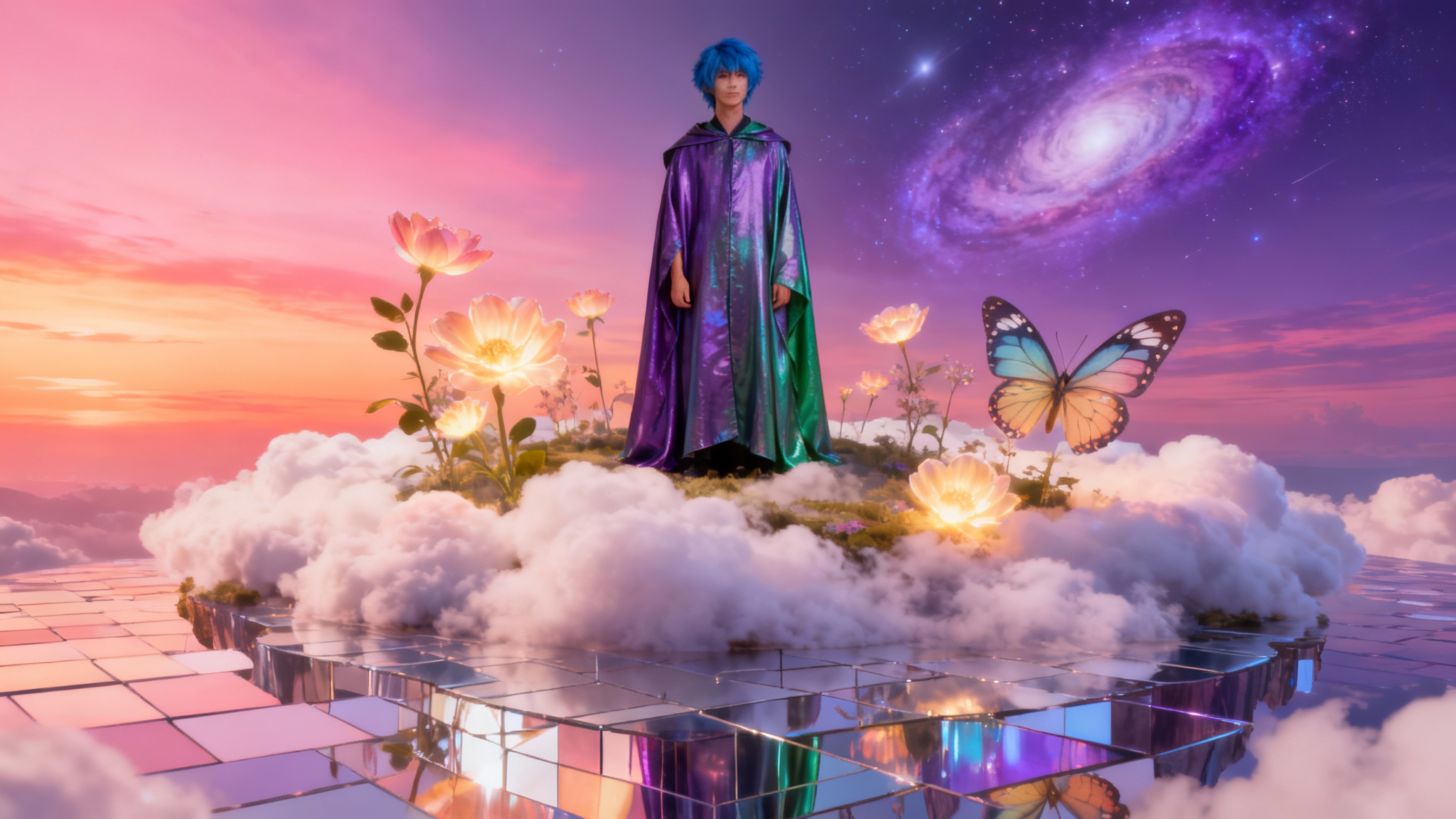 A final, polished surreal composite photograph of a man with blue hair standing on a floating cloud island under a sunset sky filled with galaxies, surrounded by giant flowers and butterflies.
