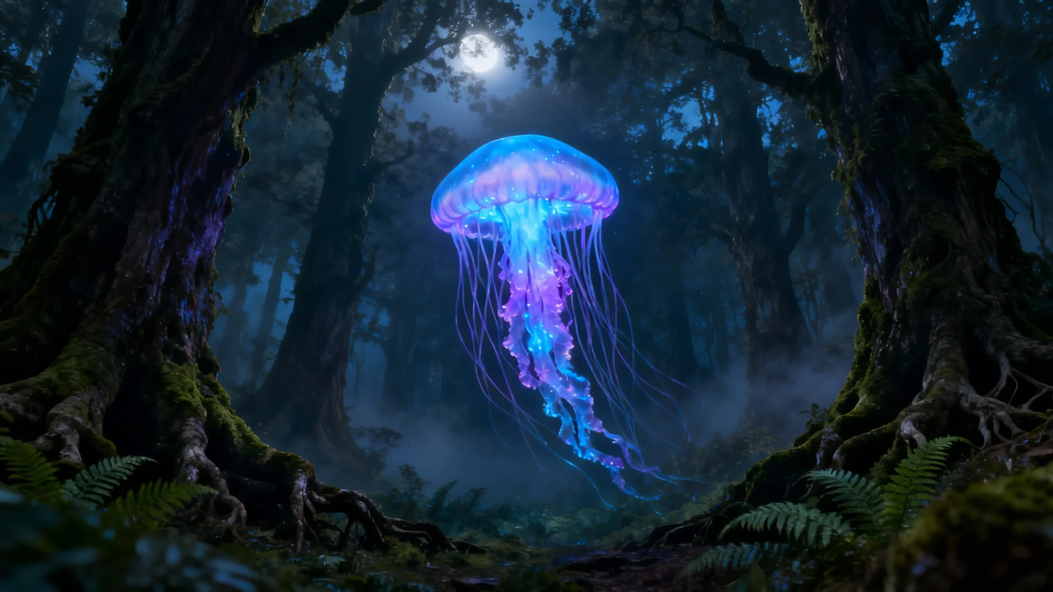 A surreal composite photograph showing a giant, glowing blue jellyfish floating in the middle of a dark, misty forest at night, presented as a mockup on a white background.