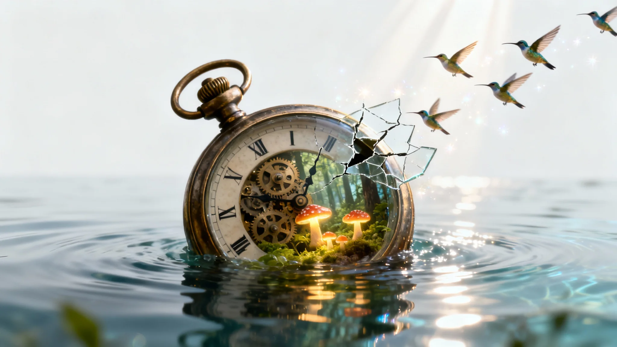 A surreal composite photograph showing a giant, antique pocket watch half-submerged in water, with a miniature forest and flying hummingbirds visible inside its cracked face, all against a clean white background.