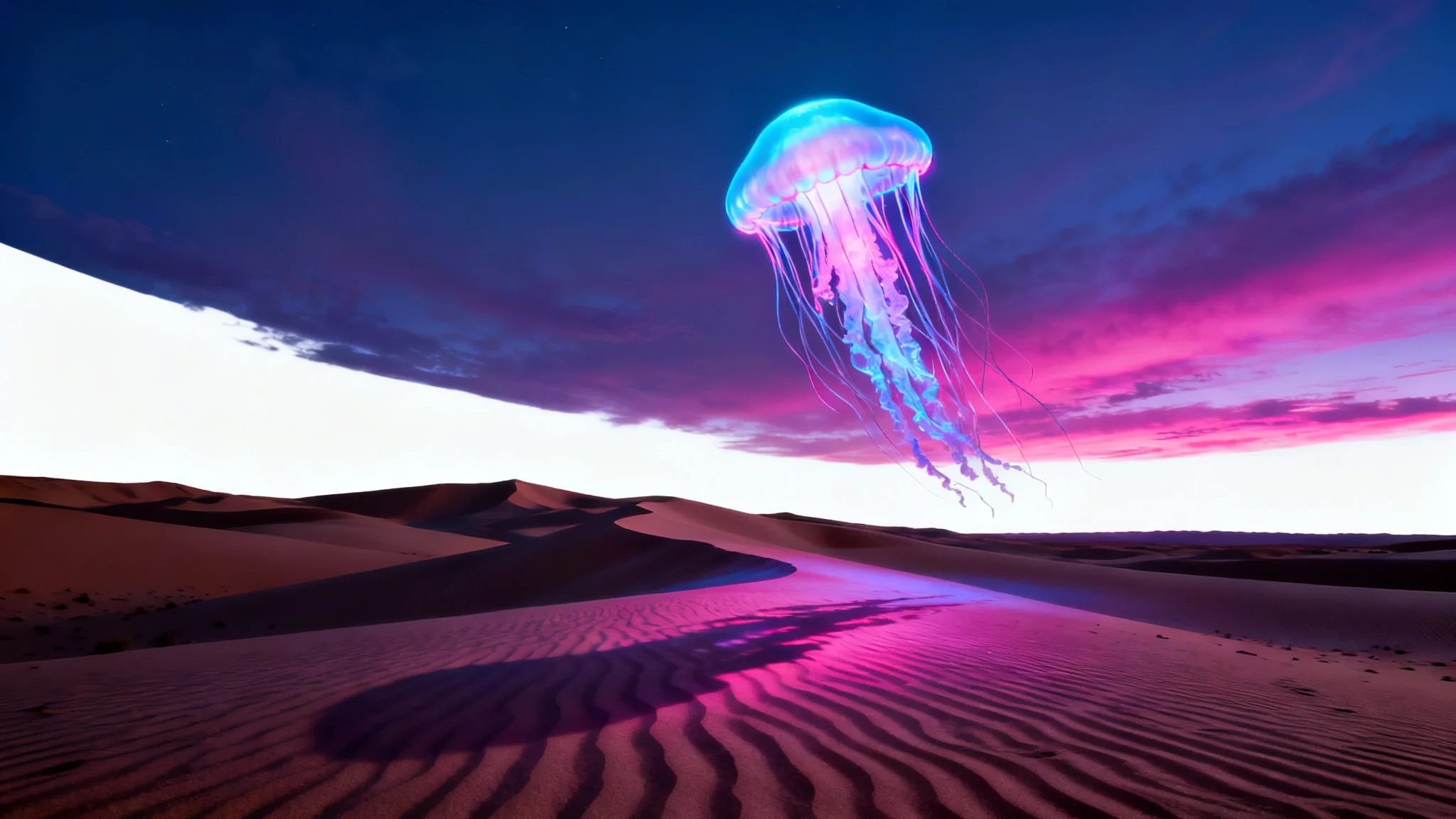 A surreal and photorealistic composite photograph showing a giant, glowing jellyfish floating over a desert at twilight, created as an example of surreal photography.