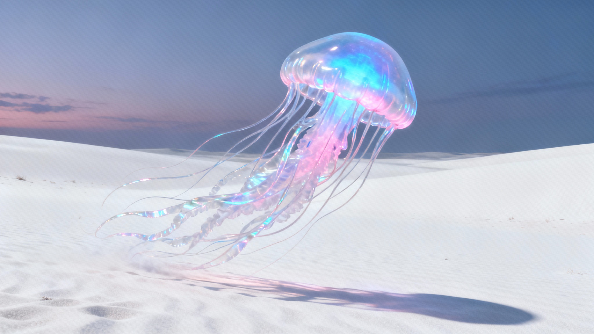 A photorealistic surreal composite image of a giant, luminous jellyfish floating through a minimalist white desert, illustrating the creative possibilities of surreal photography.