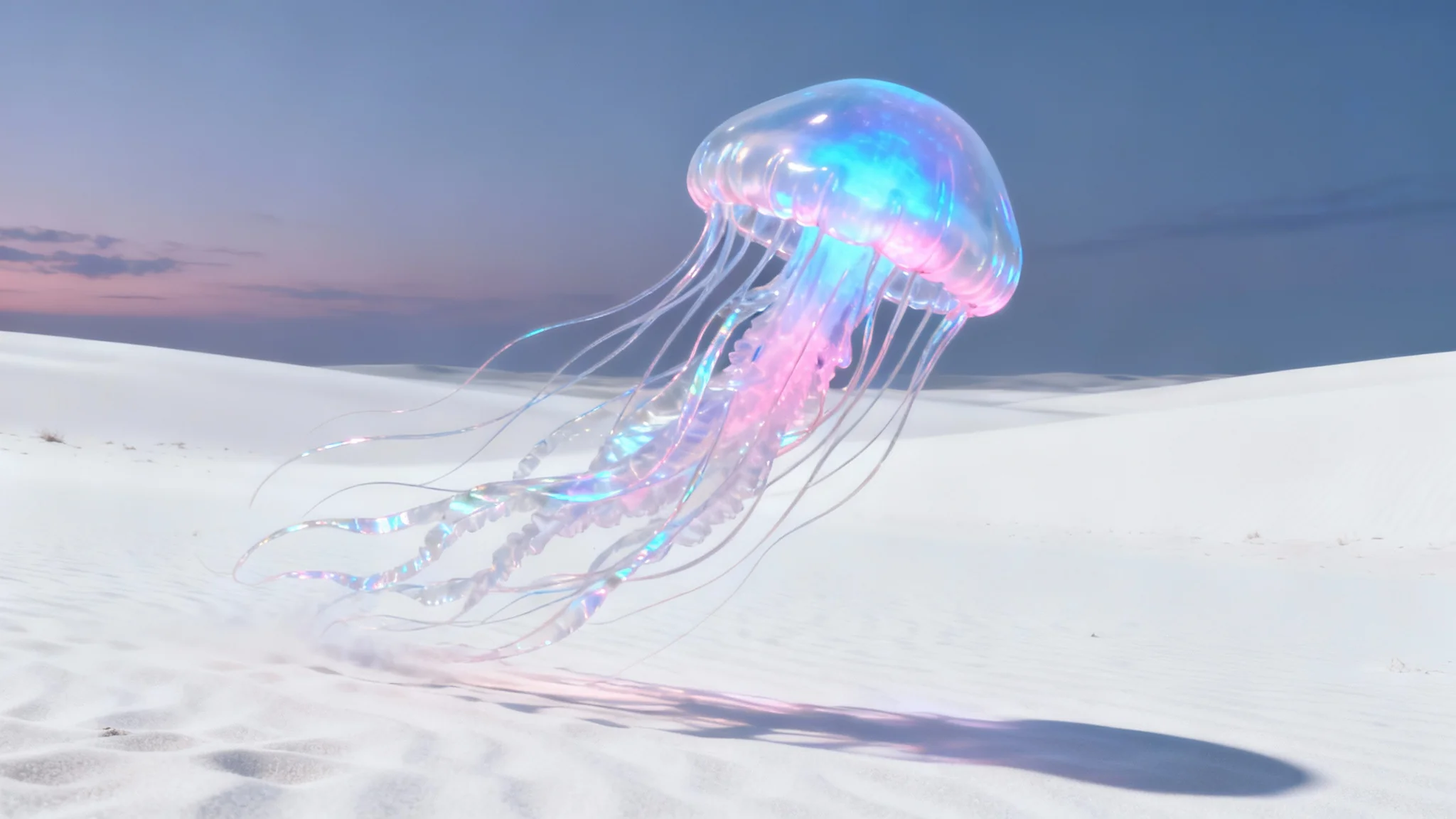 A photorealistic surreal composite image of a giant, luminous jellyfish floating through a minimalist white desert, illustrating the creative possibilities of surreal photography.