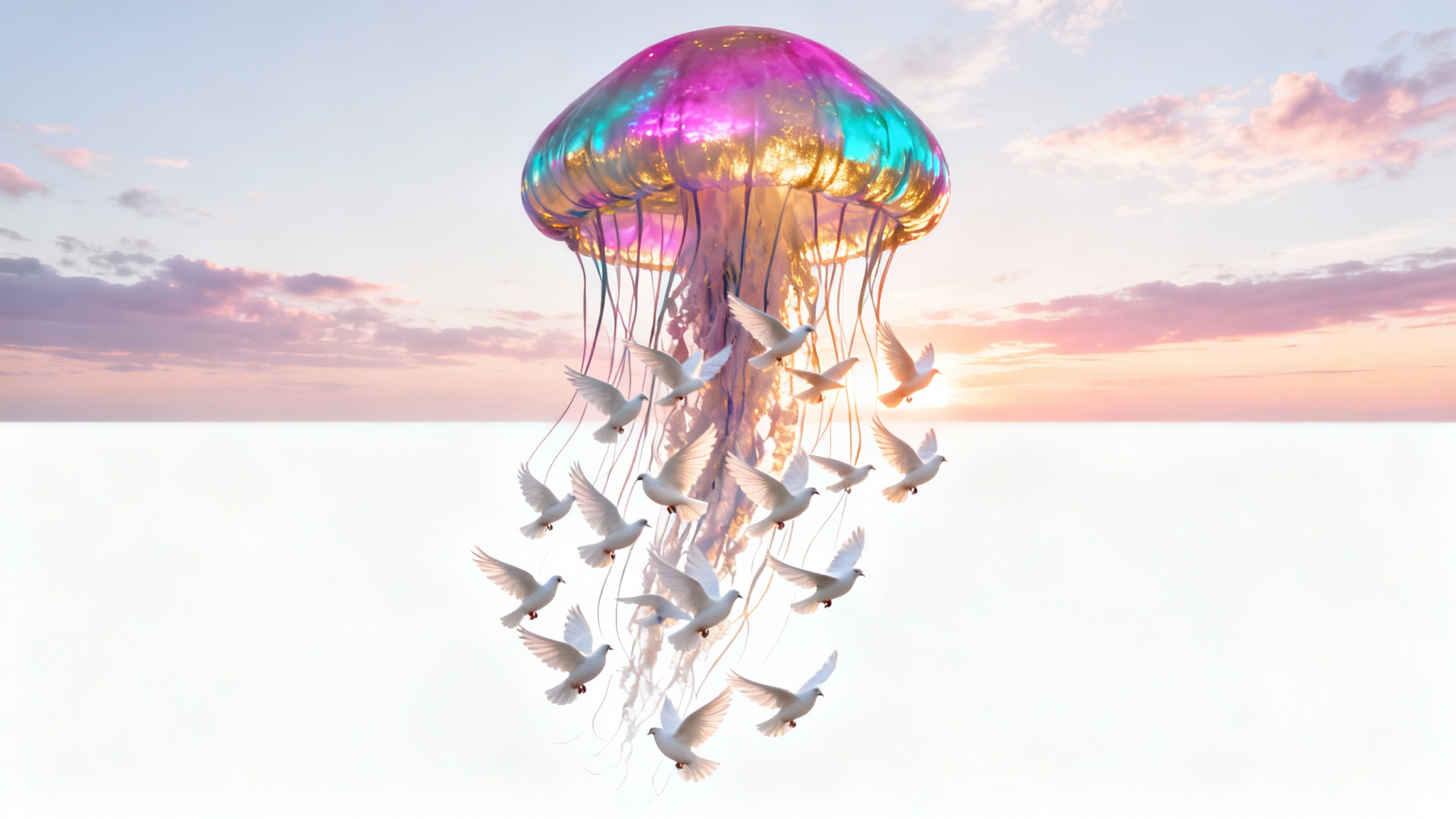 A surreal composite photograph of a giant, glowing jellyfish floating in a sunset sky, with a flock of white doves replacing its tentacles, all set against a stark white background.