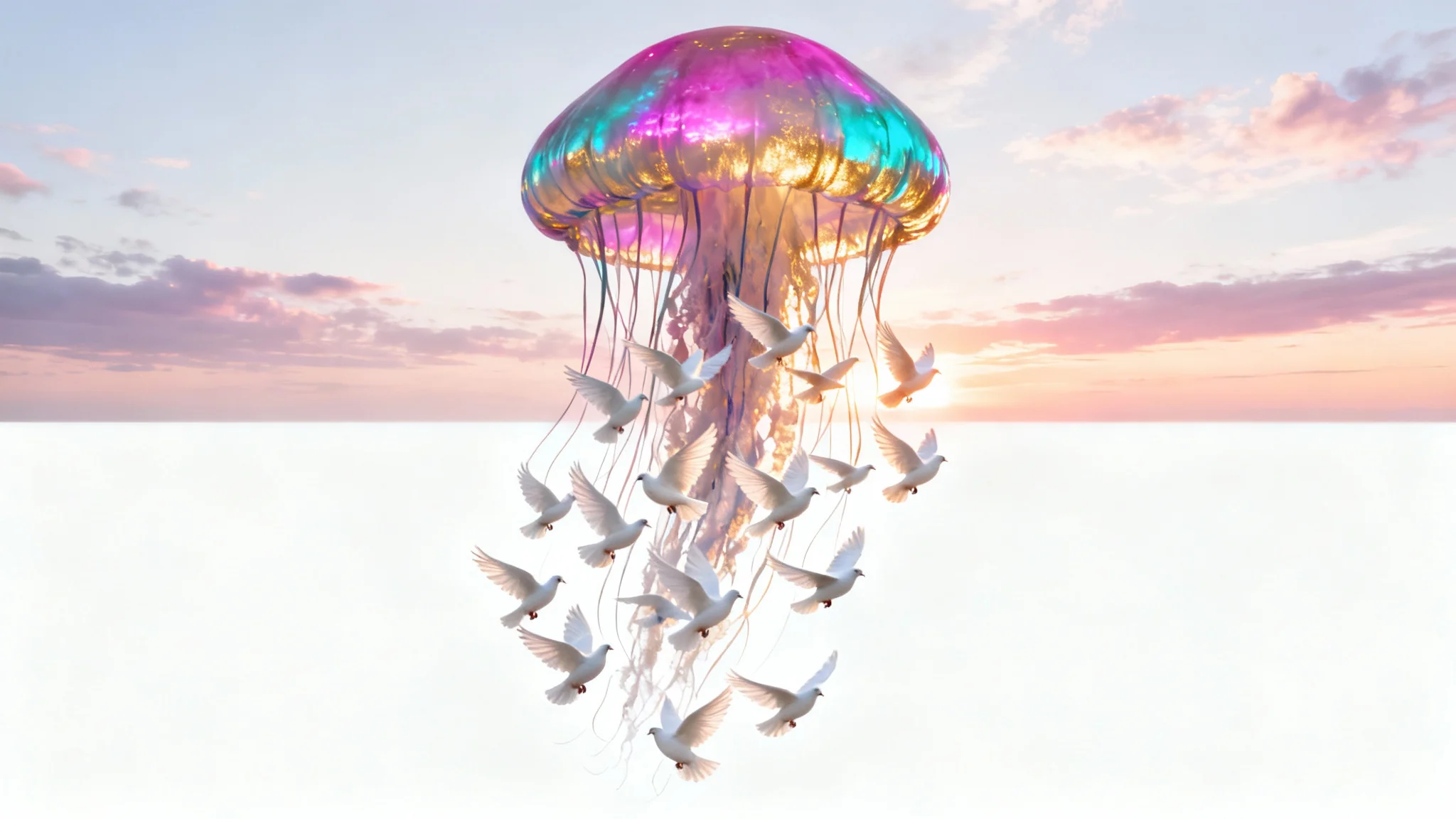 A surreal composite photograph of a giant, glowing jellyfish floating in a sunset sky, with a flock of white doves replacing its tentacles, all set against a stark white background.