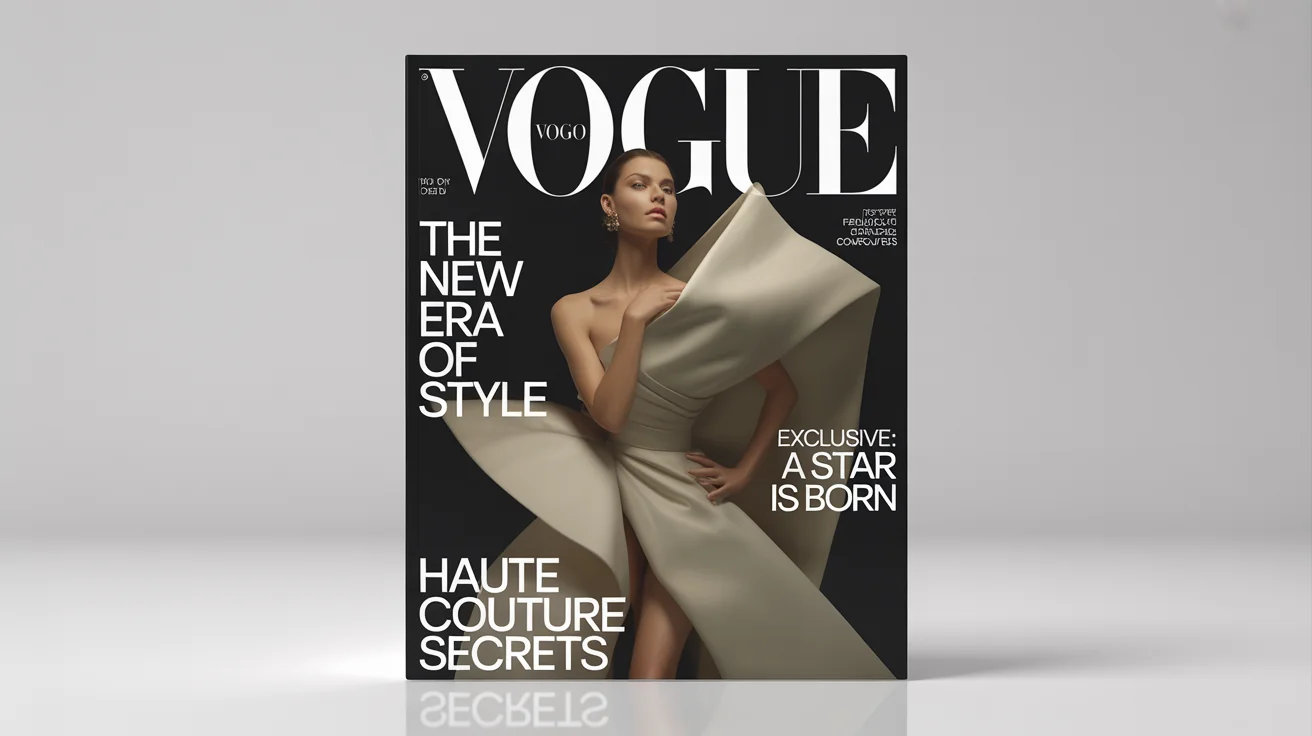 A professionally designed Vogue magazine cover mockup, presented in a 16:9 hero image format on a white background, featuring a high-fashion model and headlines like 'THE NEW ERA OF STYLE'.