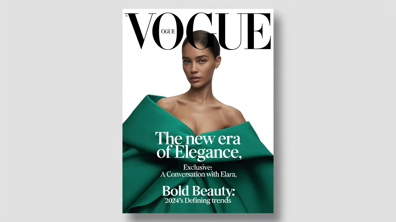A mockup of a 'Vogue' magazine cover featuring a stunning model in a green avant-garde top, with headlines about elegance and beauty, displayed against a plain white background.