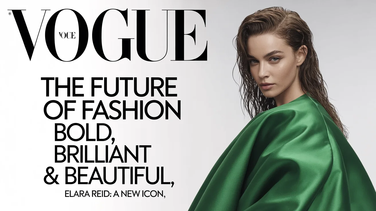 A mockup of a Vogue magazine cover featuring a high-fashion model in an emerald green gown against a plain background. The cover includes the title 'VOGUE' and fictional fashion headlines.