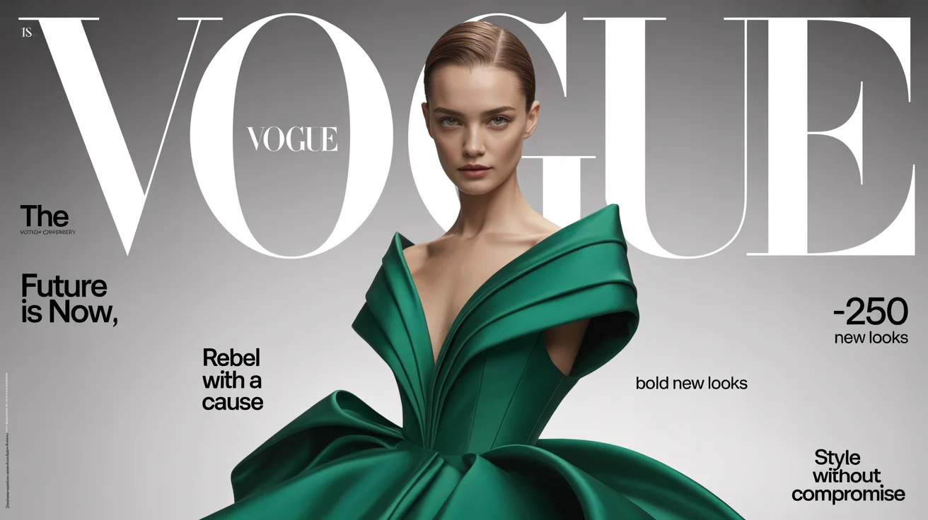 A professionally designed mockup of a Vogue magazine cover. It features a high-fashion model in a stunning green gown against a minimalist grey background, with the iconic 'VOGUE' title and other fashion-related headlines.