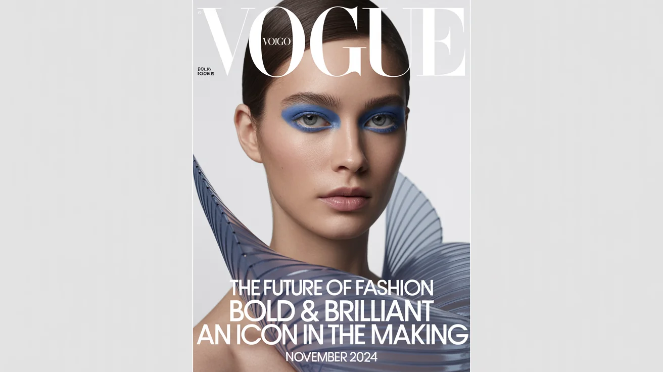 A mockup of a Vogue magazine cover featuring a high-fashion model in a blue top against a white background. The title 'VOGUE' is at the top, with various fashion headlines below.