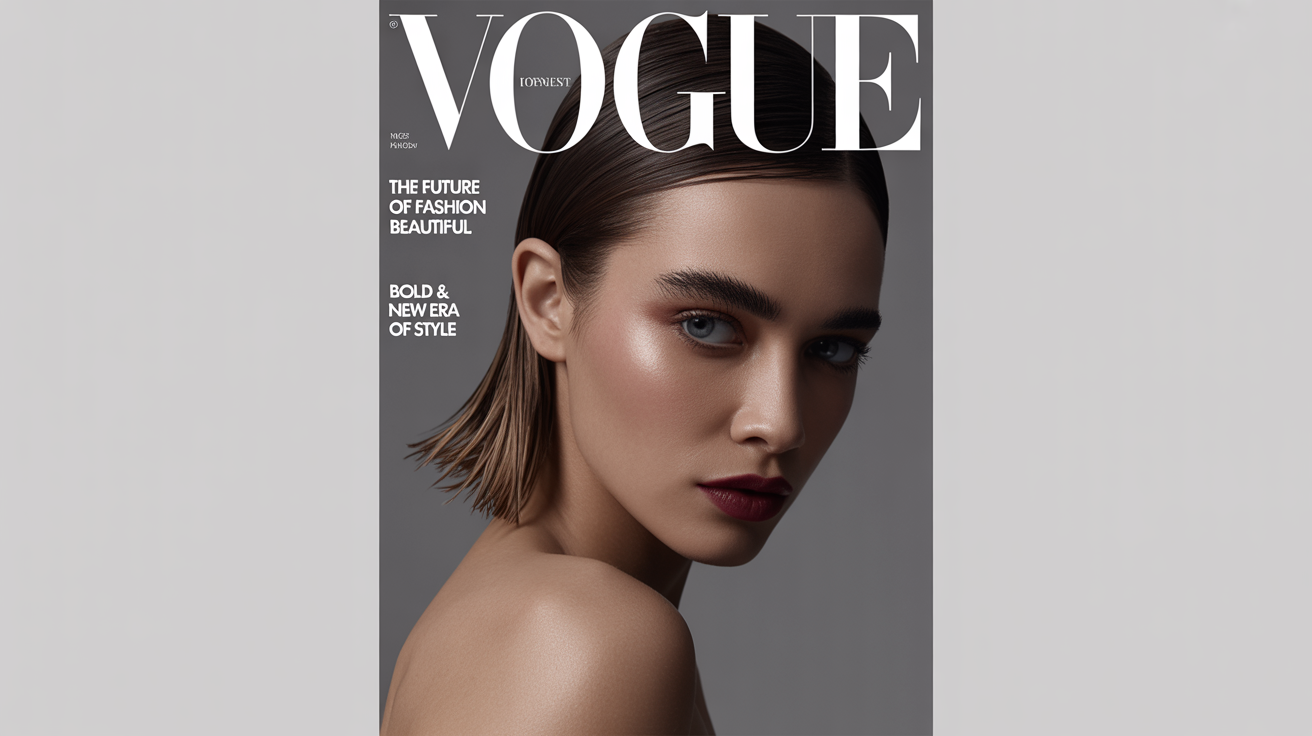 A mockup of a Vogue magazine cover featuring a high-fashion model with a dramatic look, set against a white background with the title 'VOGUE' and fictional headlines.