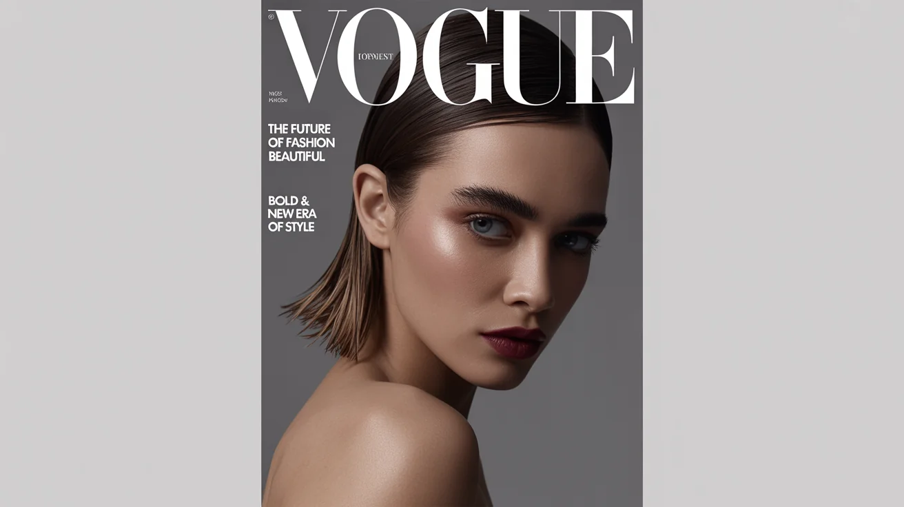 A mockup of a Vogue magazine cover featuring a high-fashion model with a dramatic look, set against a white background with the title 'VOGUE' and fictional headlines.