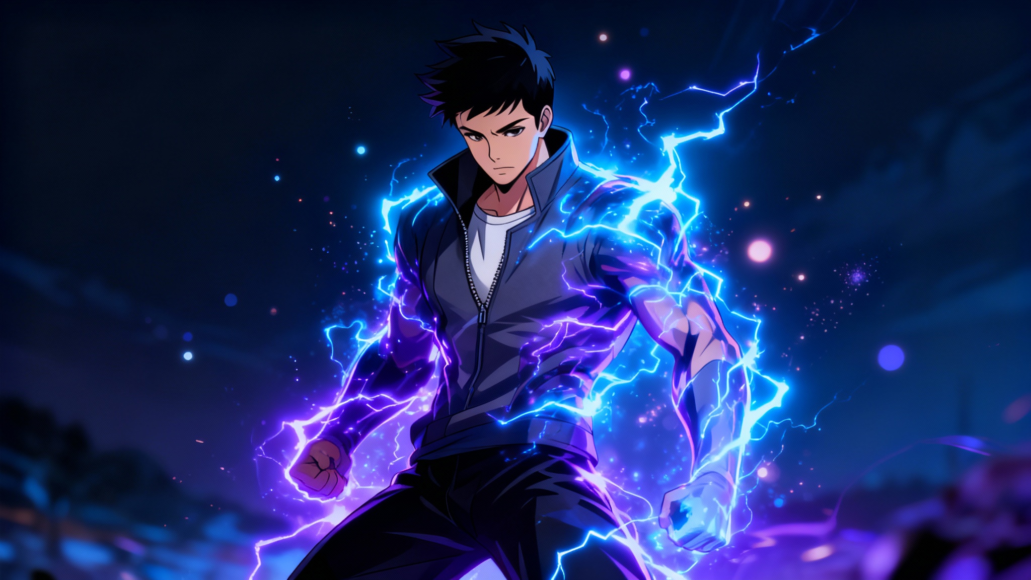 An anime warrior stands confidently, enveloped in a pulsating aura of brilliant blue and purple energy with crackling lightning, demonstrating a powerful anime aura effect.