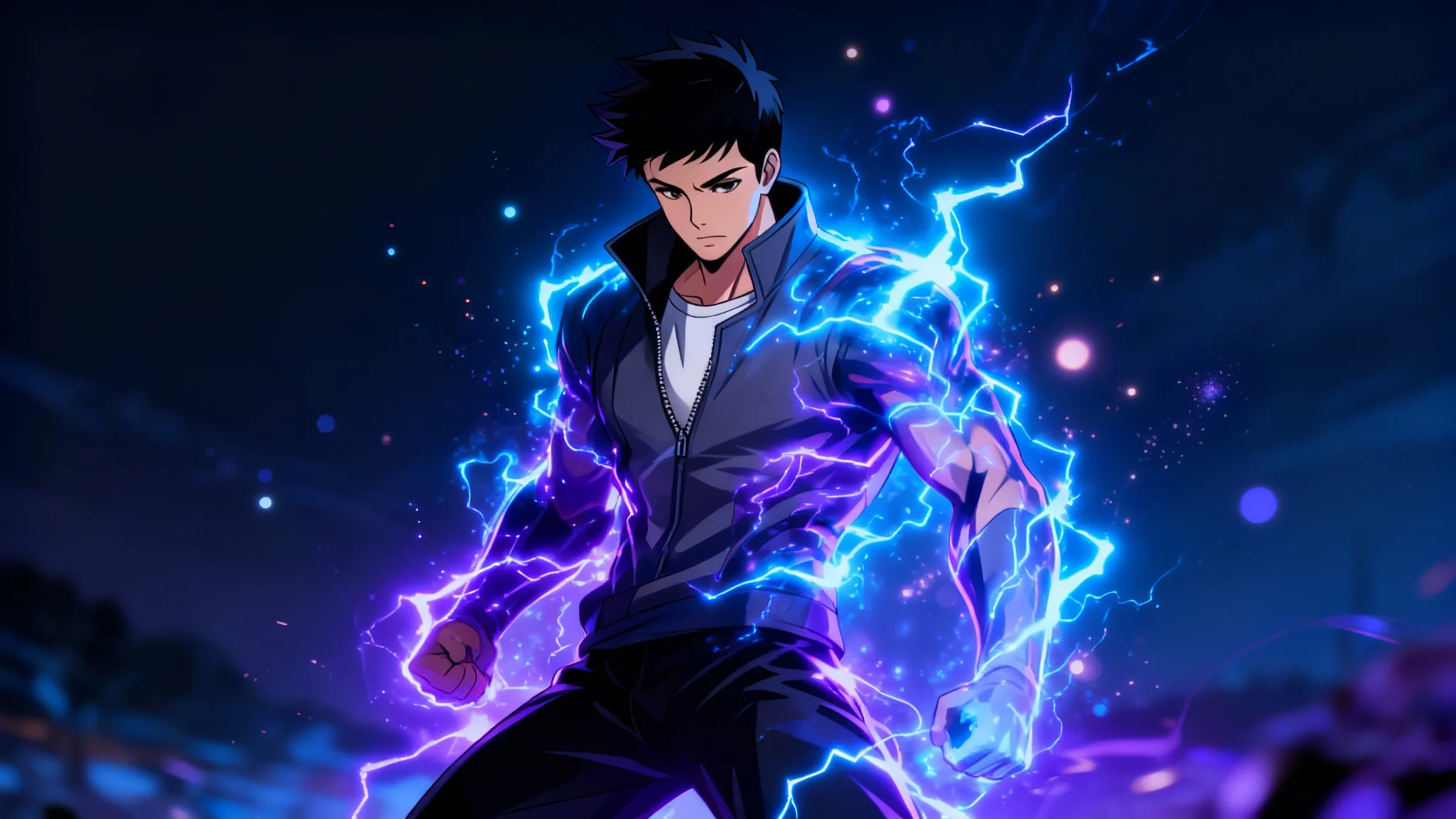 An anime warrior stands confidently, enveloped in a pulsating aura of brilliant blue and purple energy with crackling lightning, demonstrating a powerful anime aura effect.