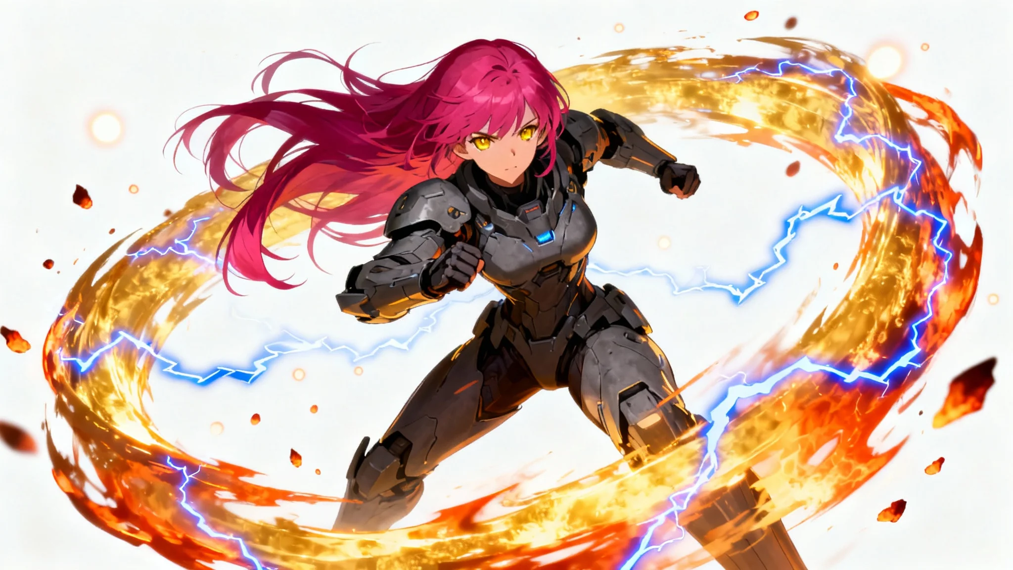 A female anime warrior with magenta hair surrounded by a powerful, swirling golden and orange energy aura, isolated against a plain white background.