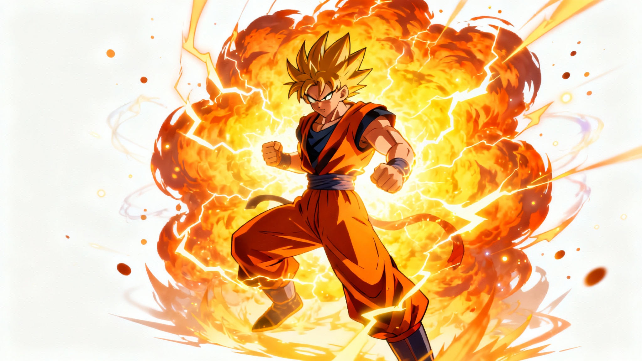A powerful anime character is shown against a white background, engulfed in a vibrant, swirling orange and yellow energy aura, demonstrating an anime aura effect.
