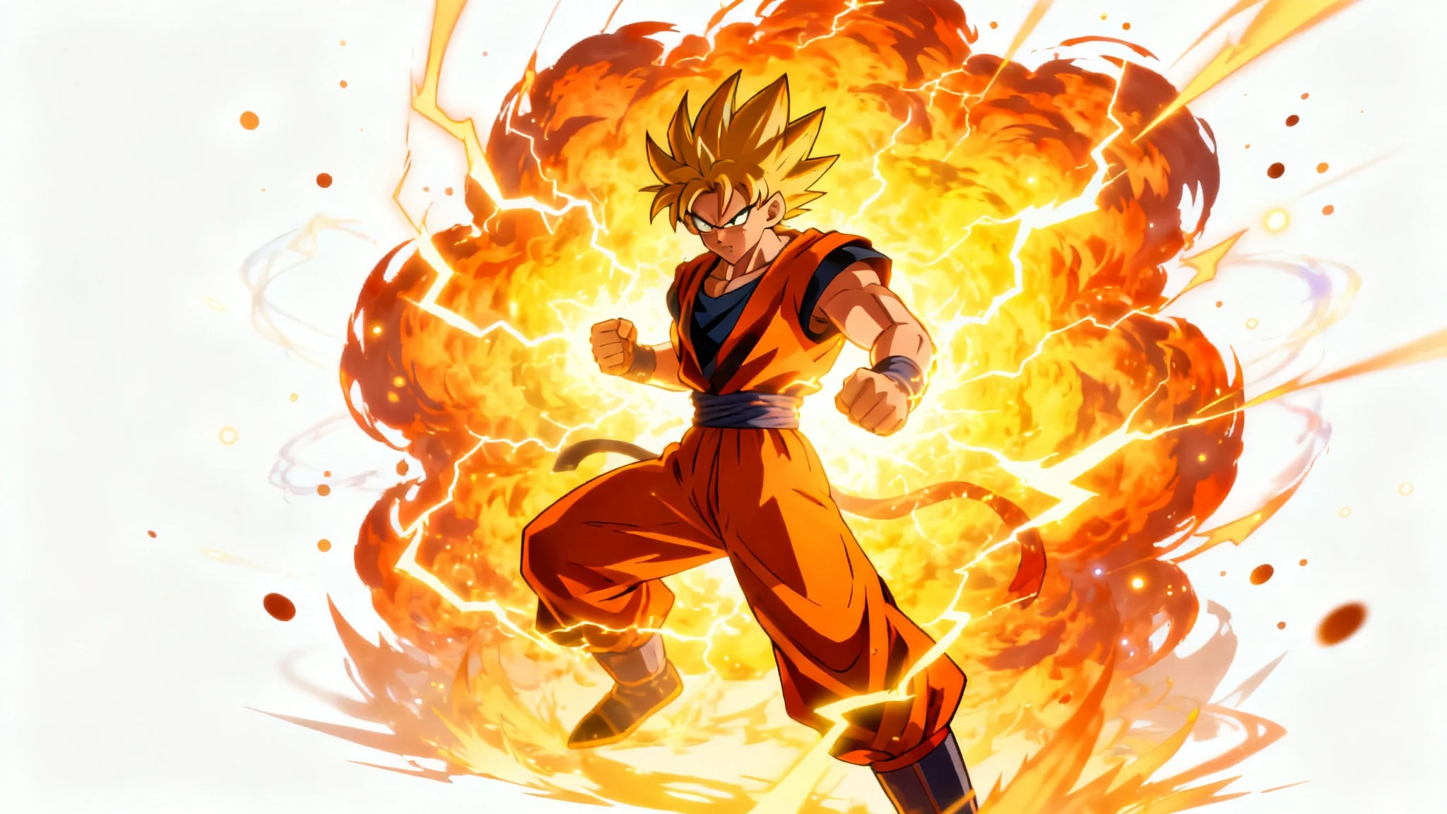 A powerful anime character is shown against a white background, engulfed in a vibrant, swirling orange and yellow energy aura, demonstrating an anime aura effect.