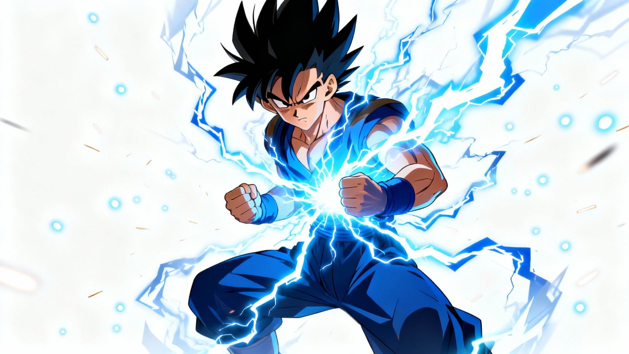 An anime character with black spiky hair is surrounded by a powerful, crackling blue and white electrical aura against a plain white background.