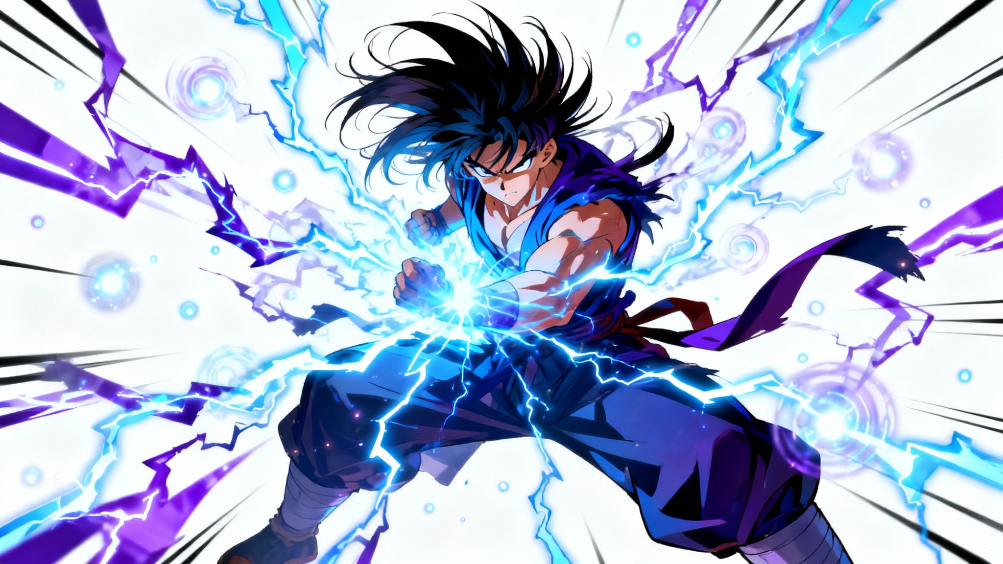 An anime character in a dynamic pose, surrounded by a powerful, crackling aura of electric blue and violet energy, isolated on a white background.