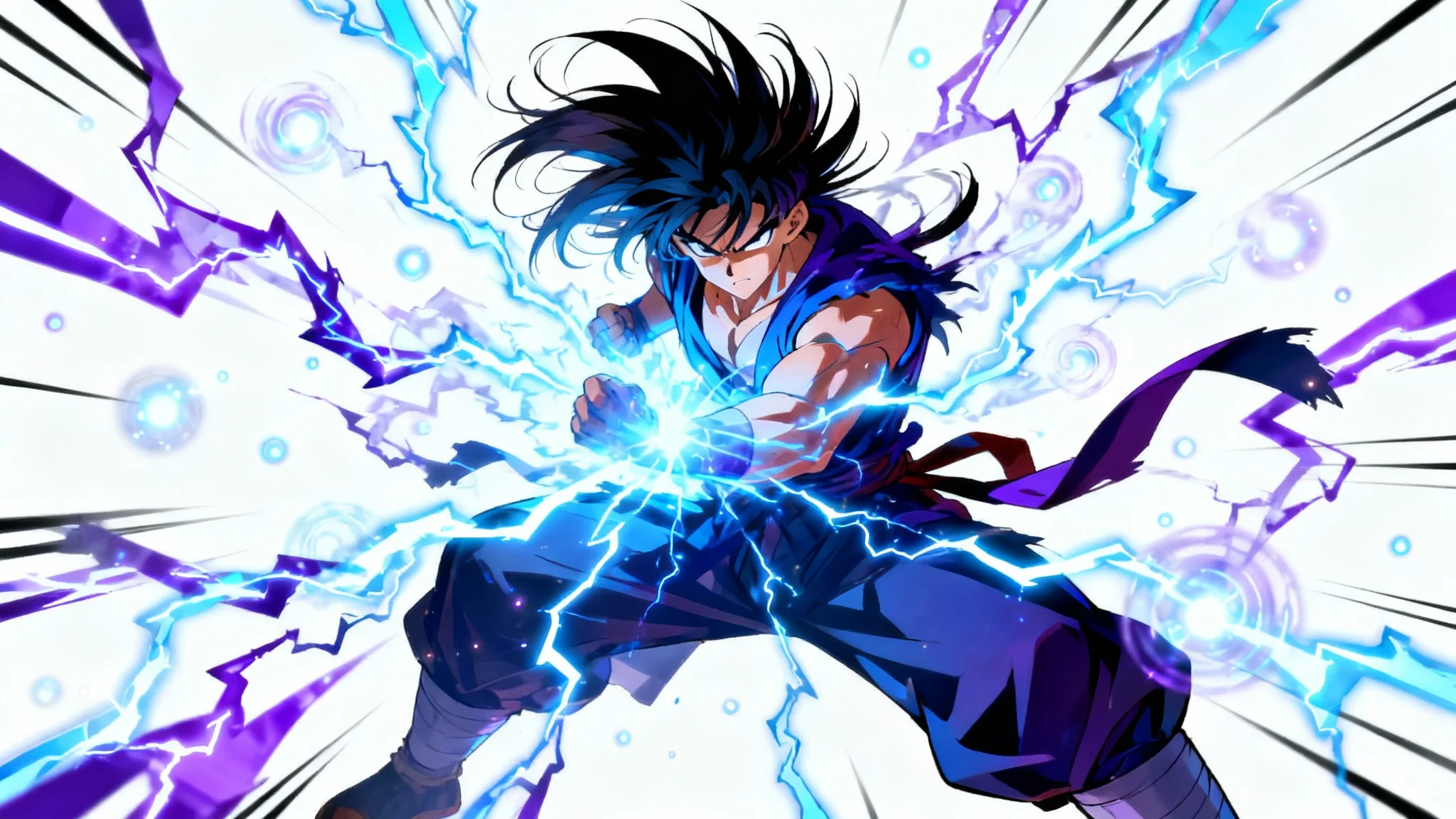 An anime character in a dynamic pose, surrounded by a powerful, crackling aura of electric blue and violet energy, isolated on a white background.