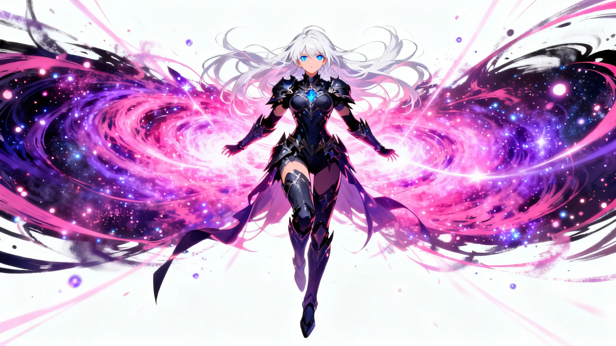 A female anime warrior with white hair is surrounded by a vibrant pink and purple energy aura against a clean white background, showcasing a powerful anime effect.