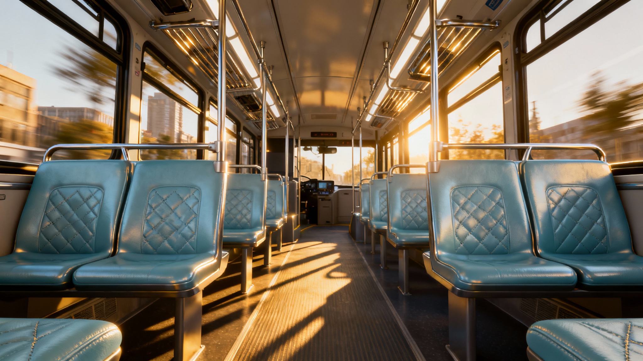 A photorealistic 3D render of an empty modern bus interior, showing rows of light blue seats illuminated by sunlight from the windows, with a blurred city view outside.