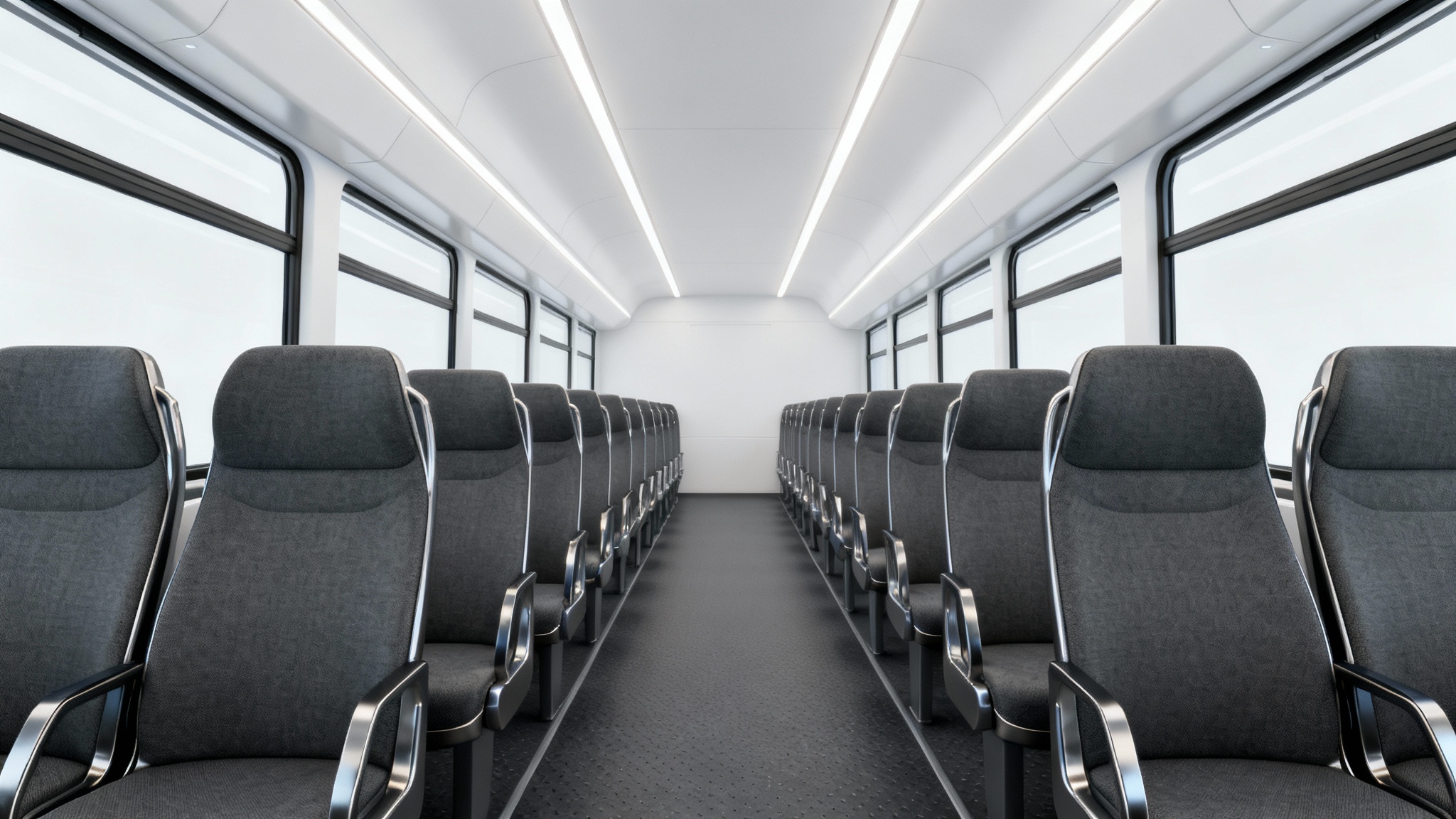 A professional 3D model rendering of a modern bus interior, showcasing rows of sleek grey seats and a clean aisle, isolated on a white background.