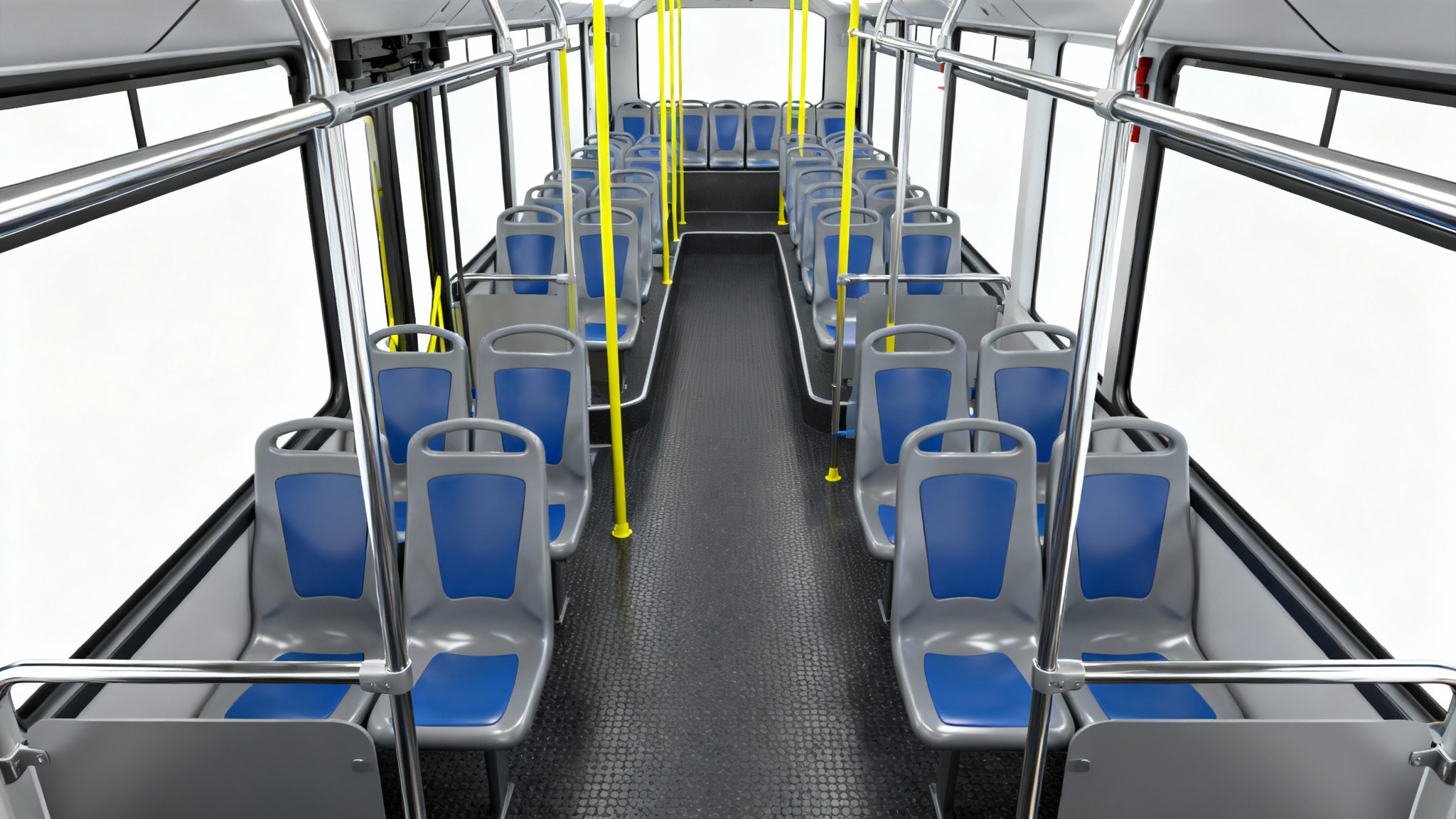 A detailed 3D model rendering of the interior of a modern, empty city bus, featuring rows of seats and handrails, isolated on a clean white background.