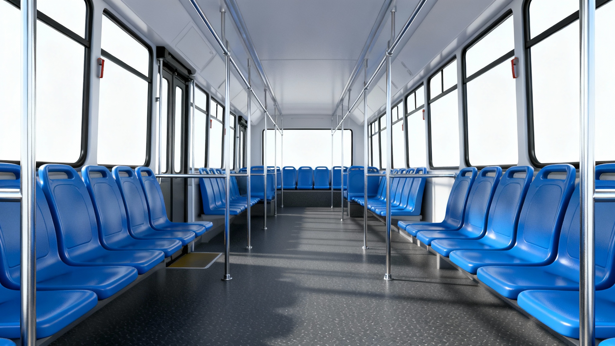 A photorealistic 3D render of a modern bus interior, featuring blue seats and stainless steel handrails, presented against a clean white background to showcase the model's detail.