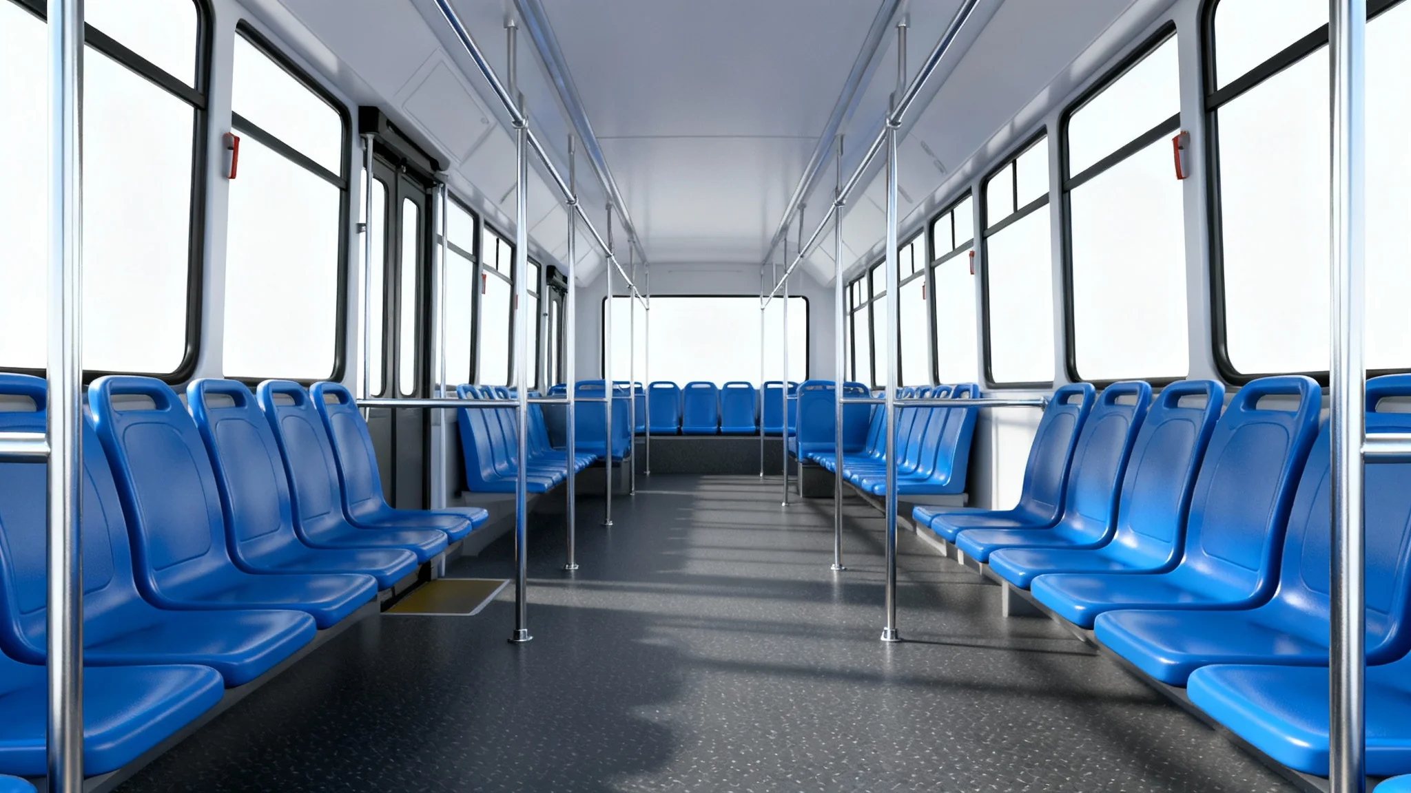 A photorealistic 3D render of a modern bus interior, featuring blue seats and stainless steel handrails, presented against a clean white background to showcase the model's detail.