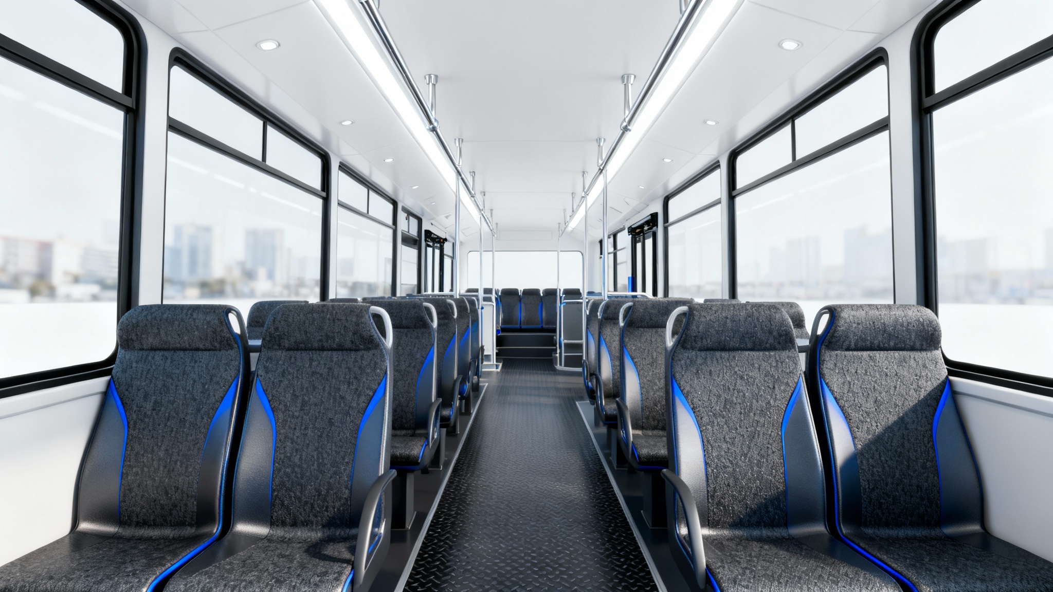 A detailed 3D model of a modern bus interior, featuring rows of grey and blue seats, large windows, and bright lighting, displayed against a solid white background.