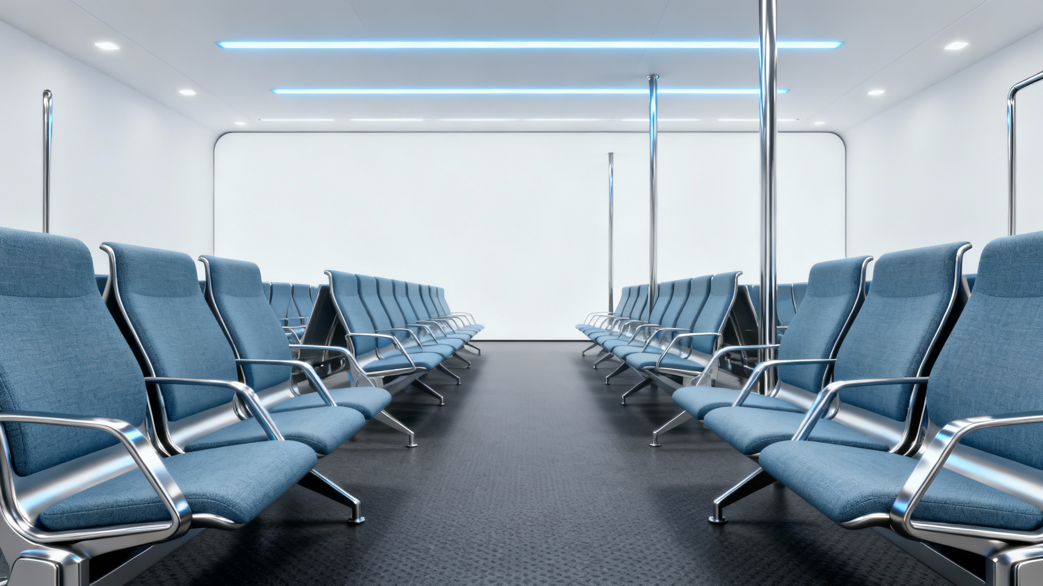 A hyper-realistic 3D model of a modern bus interior, featuring blue ergonomic seats, stainless steel handrails, and a clean, brightly lit aisle, all presented against a stark white background.