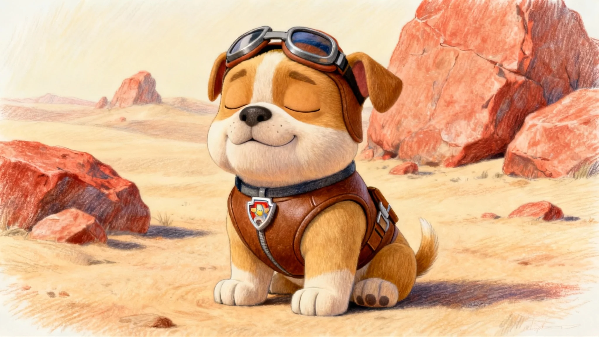A vibrant colored pencil-style drawing of the character Rubble from Paw Patrol, sitting with his eyes closed in a desert setting.