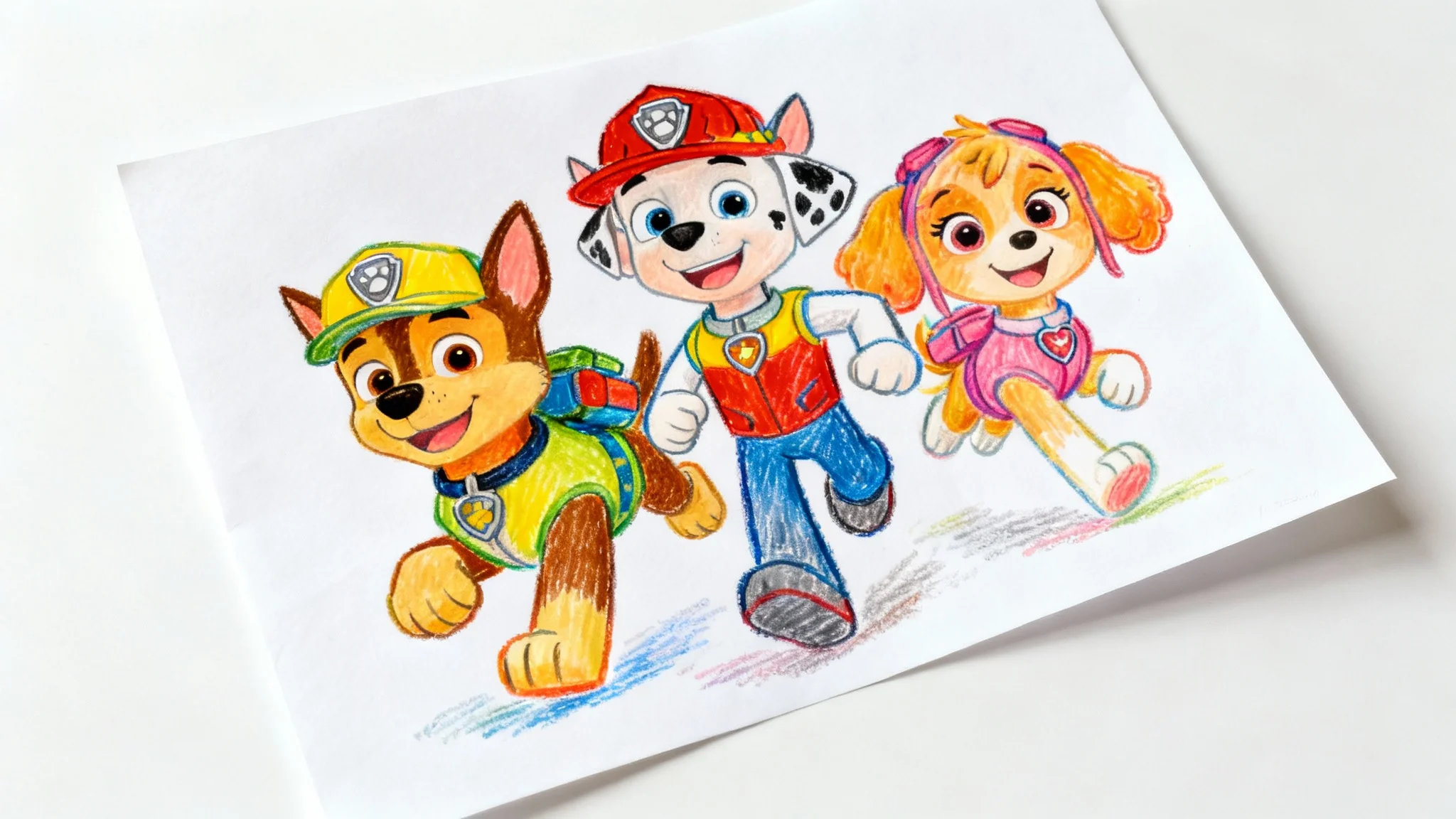 A colorful child's drawing featuring Paw Patrol characters Chase, Marshall, and Skye, rendered in colored pencil on a piece of white paper against a plain white background.