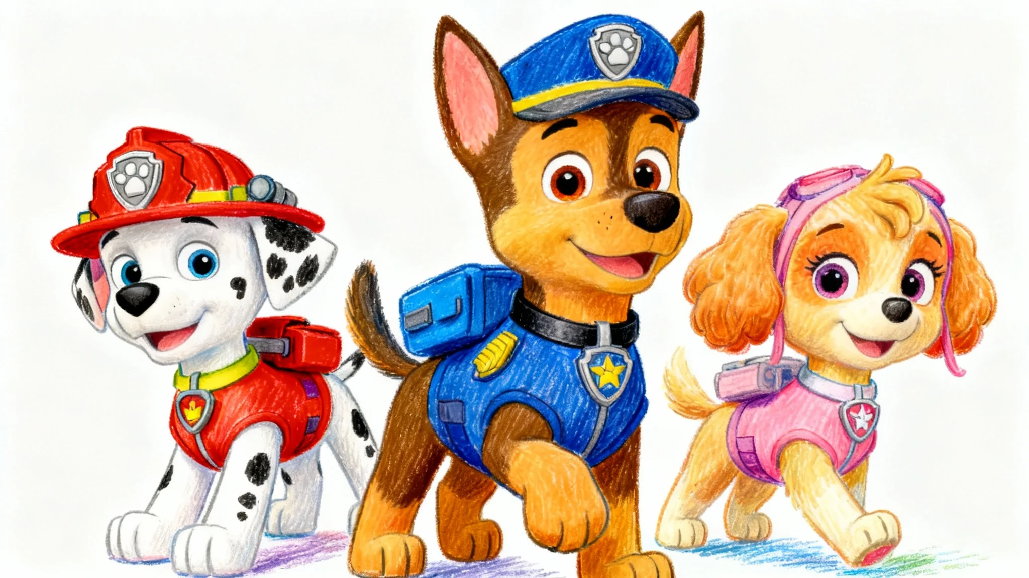 A colorful, hand-drawn style illustration of Paw Patrol characters Chase, Marshall, and Skye standing together against a plain white background.