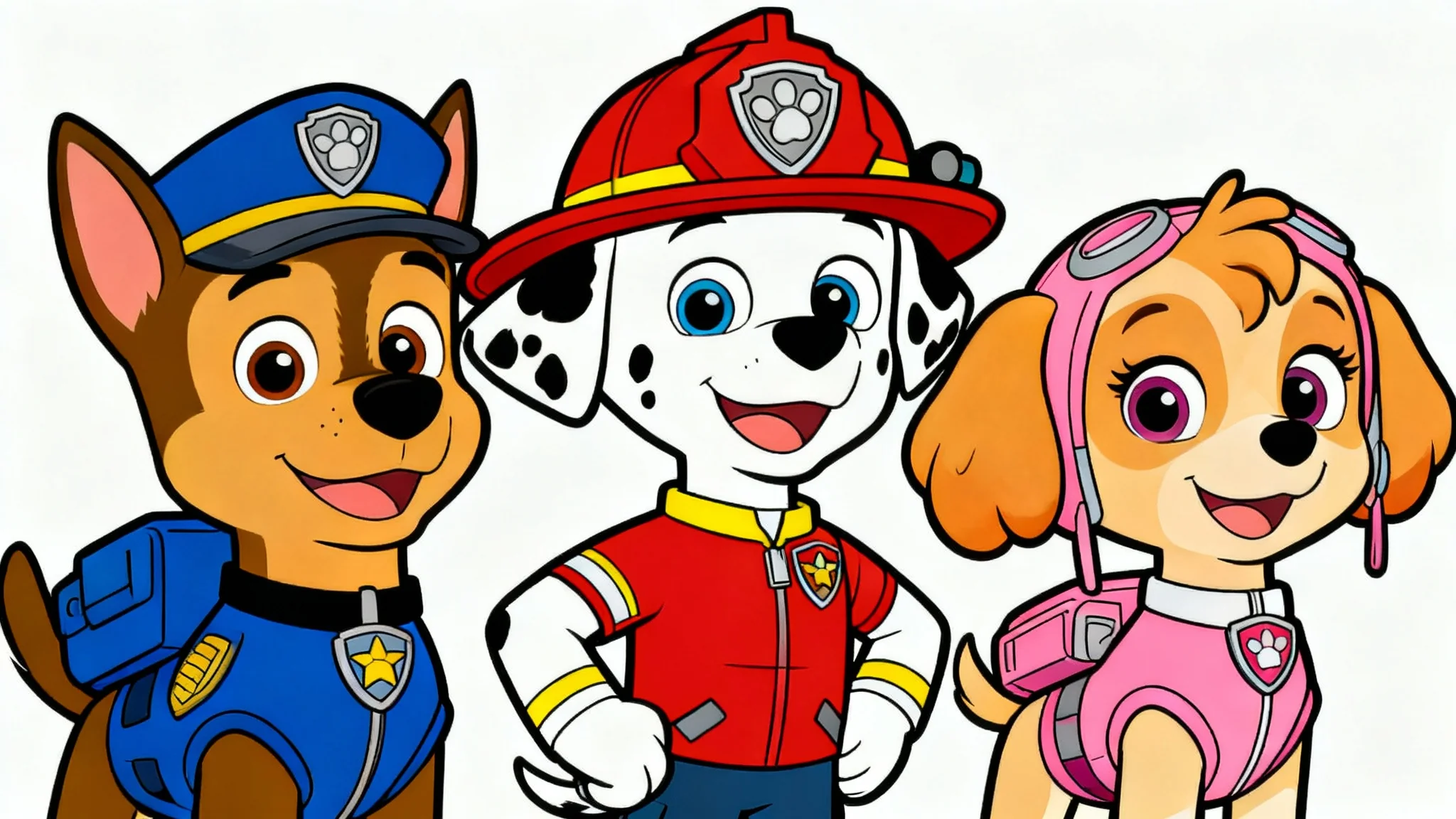 A colorful drawing of Paw Patrol characters Chase, Marshall, and Skye standing together cheerfully against a plain white background.