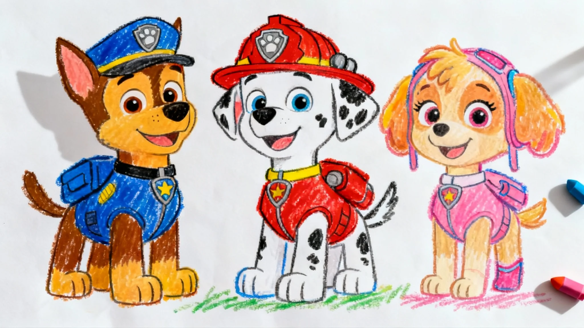 A child's colorful crayon drawing of the Paw Patrol characters Chase, Marshall, and Skye, shown on a sheet of paper against a white background.