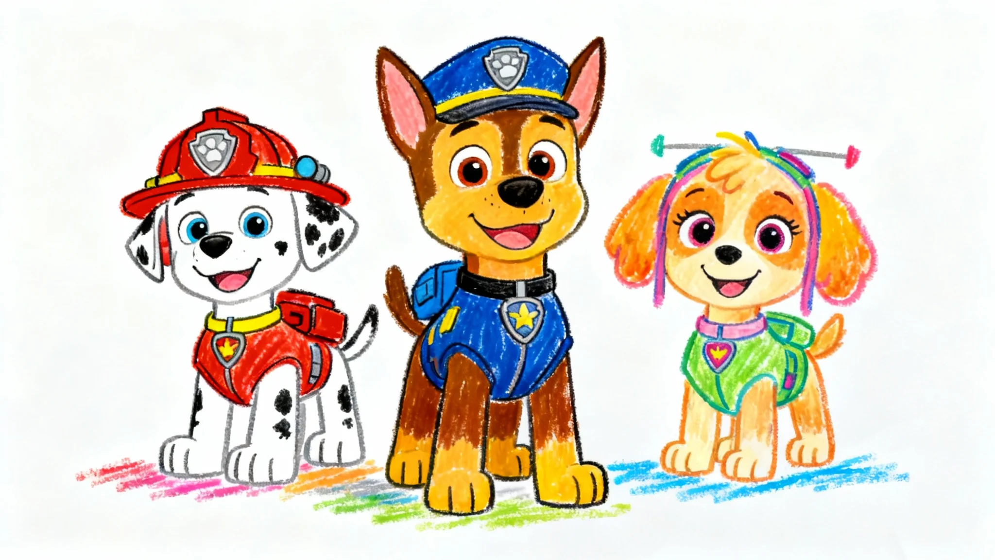 A colorful child's crayon drawing of Paw Patrol characters Chase, Marshall, and Skye smiling. The drawing has a charming, hand-drawn quality and is set against a plain white background.