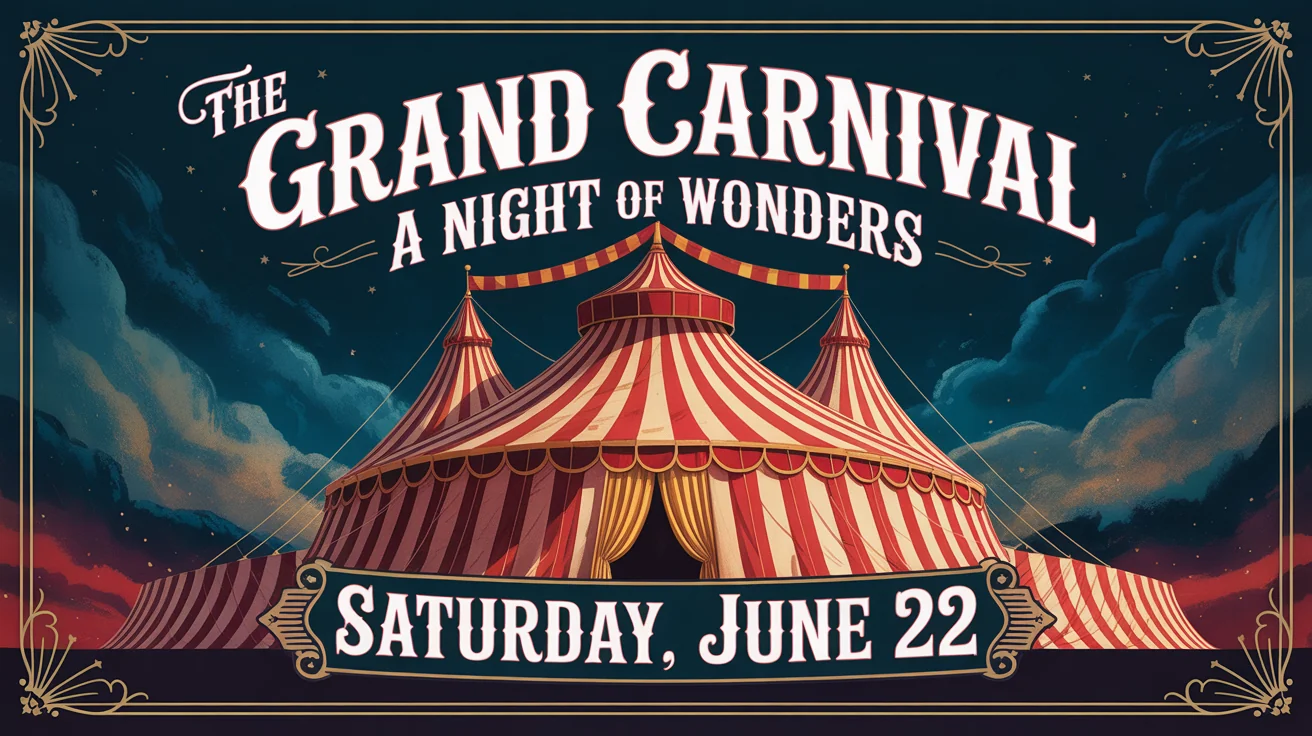 A finished vintage-style circus poster for 'The Grand Carnival'. The poster is red, gold, and cream, featuring a large big top tent and bold, decorative text.