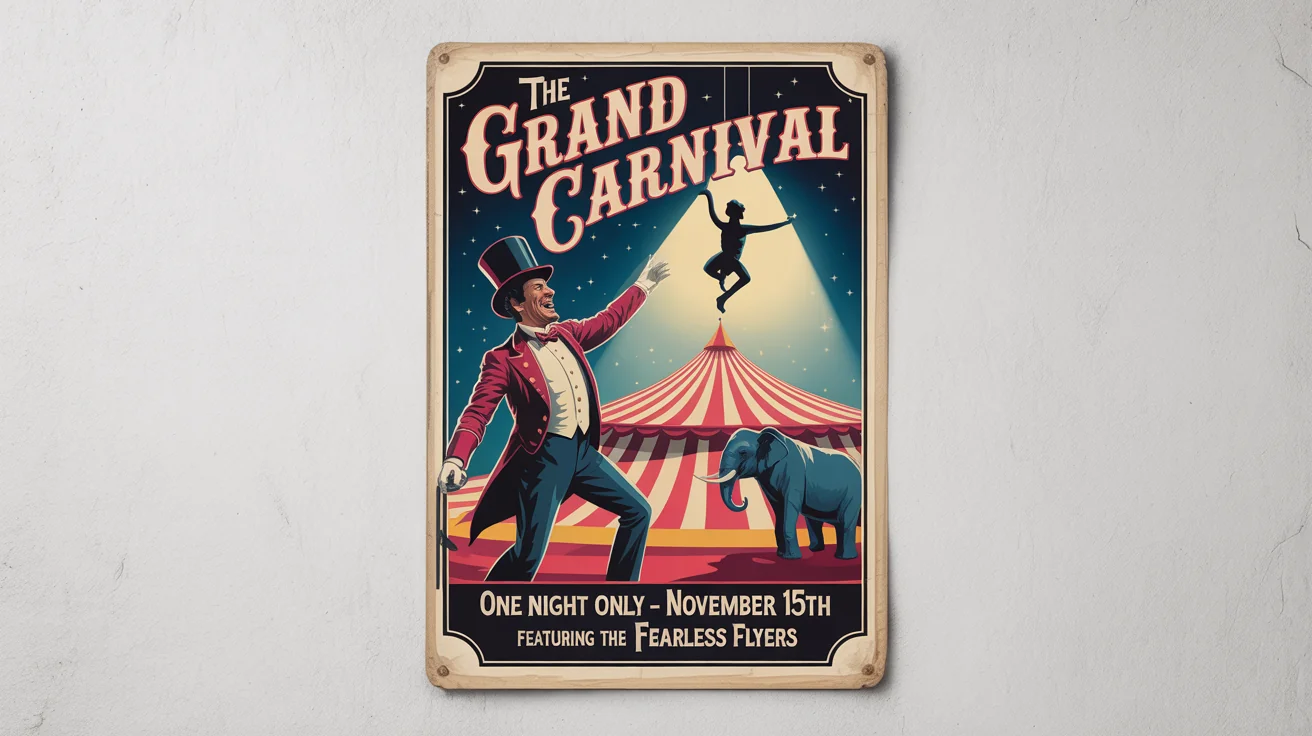 A vintage-style circus poster for 'The Grand Carnival' featuring a ringmaster, a trapeze artist, and an elephant, displayed as a mockup on a white background.