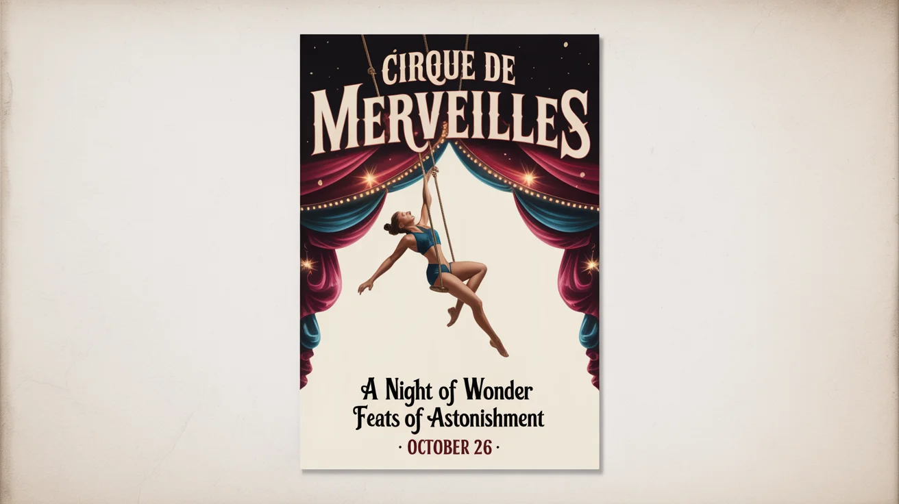 A vintage-style circus poster mockup on a white background. The poster, titled 'Cirque de Merveilles', features an illustration of a trapeze artist and event details.