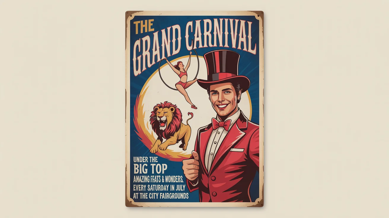 A vintage-style circus poster mockup advertising 'The Grand Carnival'. The poster features illustrations of a ringmaster, a trapeze artist, and a lion, with event details listed below.