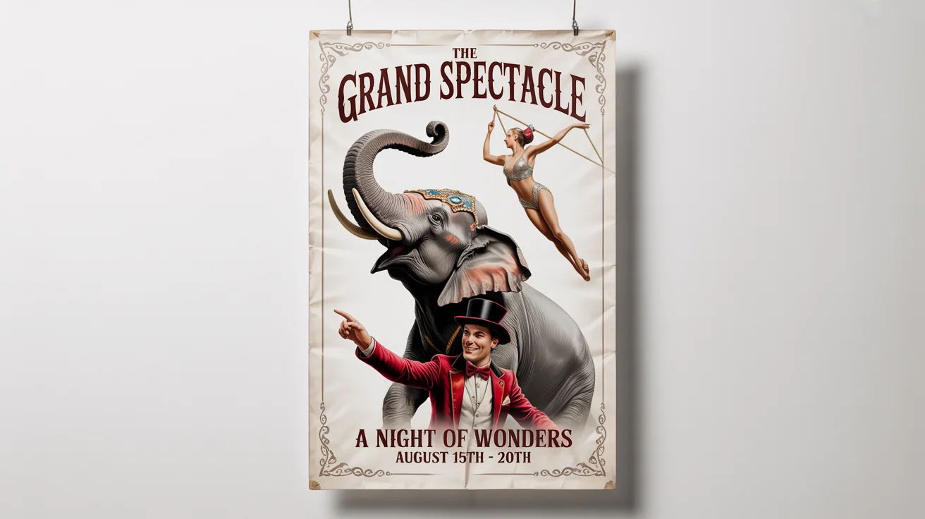 A vintage-style circus poster mockup for 'THE GRAND SPECTACLE', featuring an elephant and a trapeze artist, displayed on a clean white background.