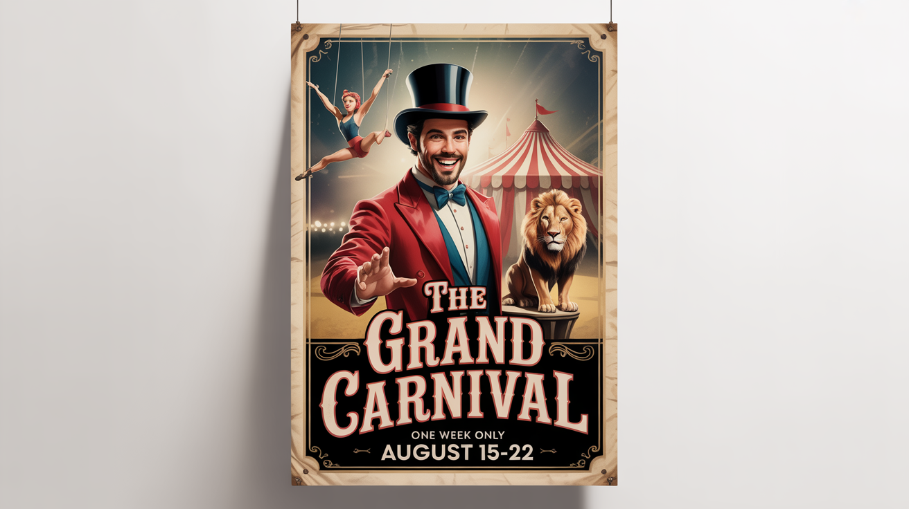 A vintage-style circus poster mockup on a white background. The poster, titled 'The Grand Carnival', features classic illustrations of a ringmaster, an acrobat, and a lion in front of a big top tent.