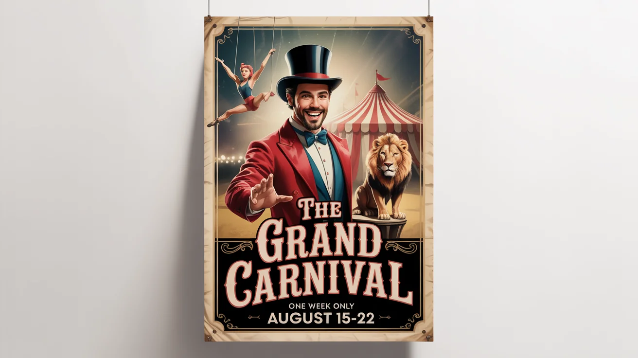 A vintage-style circus poster mockup on a white background. The poster, titled 'The Grand Carnival', features classic illustrations of a ringmaster, an acrobat, and a lion in front of a big top tent.