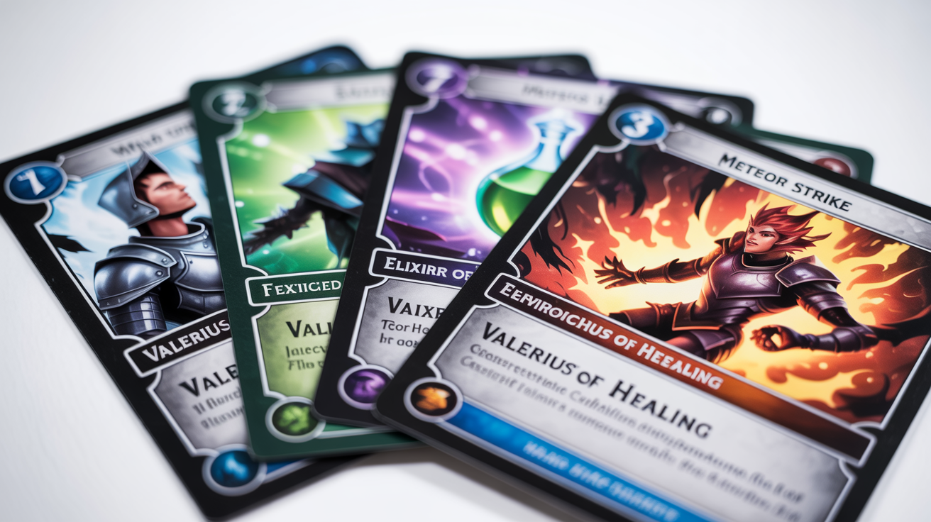 A professionally designed set of fantasy game cards, including Character, Item, and Action cards, fanned out on a clean white surface to showcase the final product.