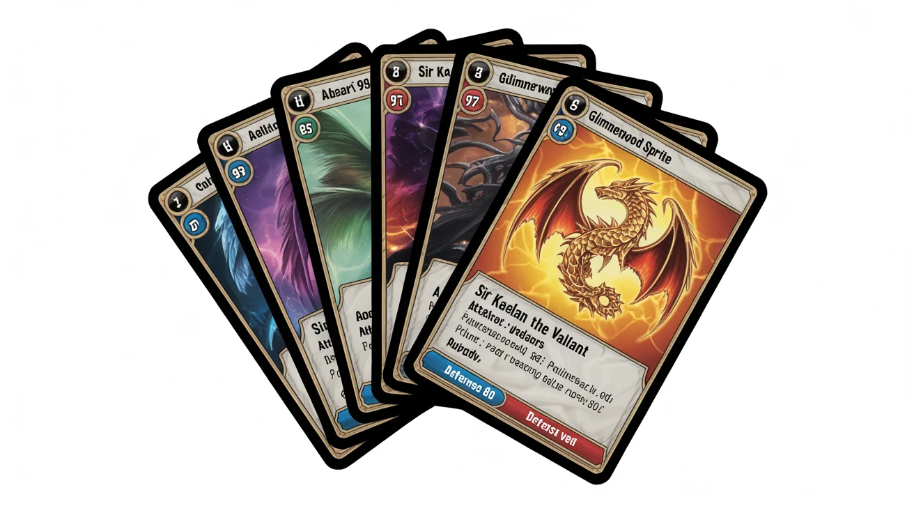 A fanned-out collection of fantasy-themed game cards on a white background, showcasing cards for a knight and a forest sprite with detailed artwork and stats.